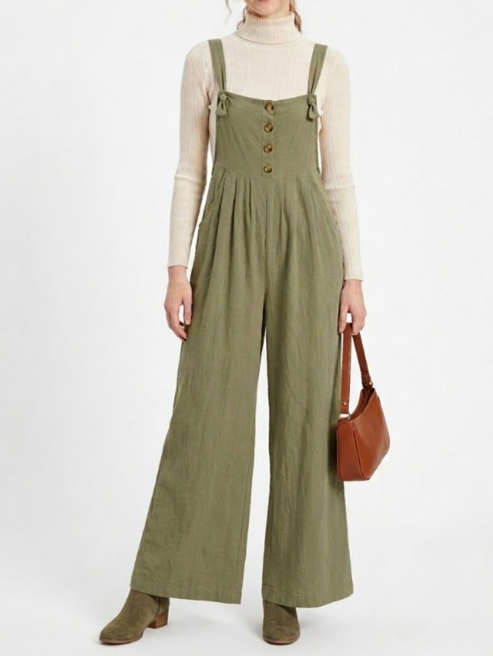 Olive Green Linen Blend Button Front Wide Leg Boho Overall Jumpsuit Medium